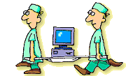 computador sendo carregado por medicos